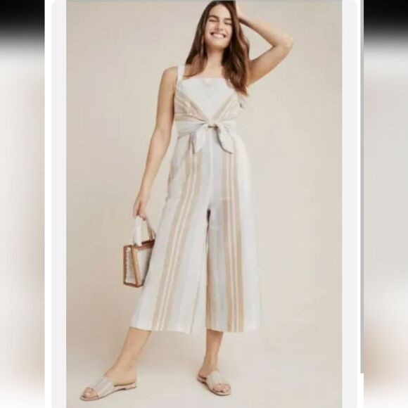 Anthropologie Savannah Striped Boho Tie Front Jumpsuit Cotton Linen Blend Size 4 - Picture 1 of 10
